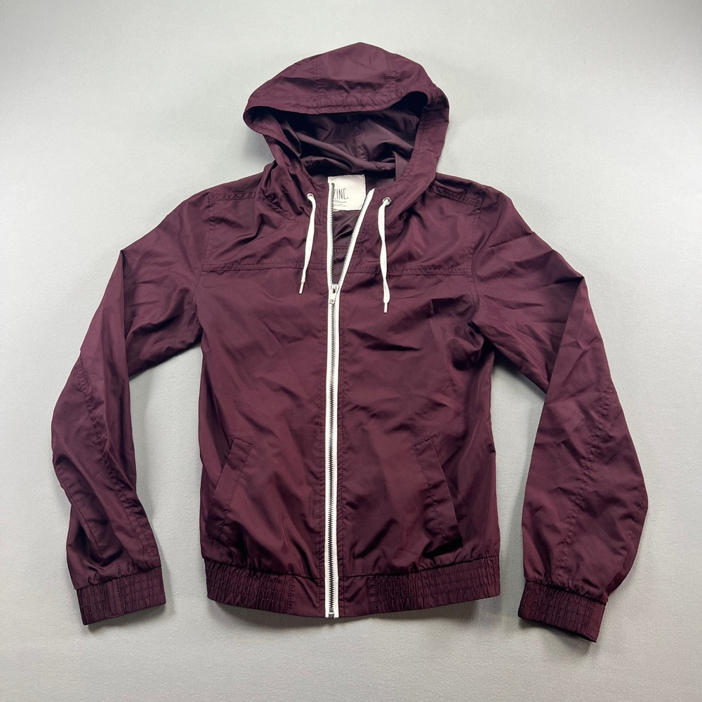 Zine Windbreaker Jacket Womens Small Burgundy Hooded Water Resistant Full Zip